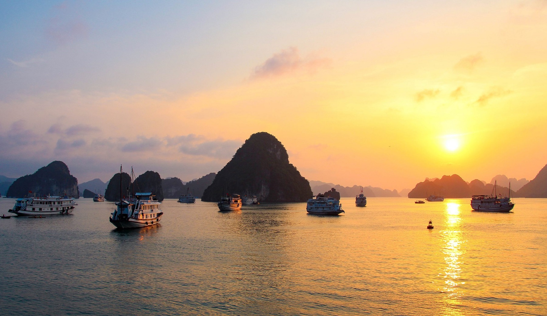 Misty sunrise over Halong Bay
