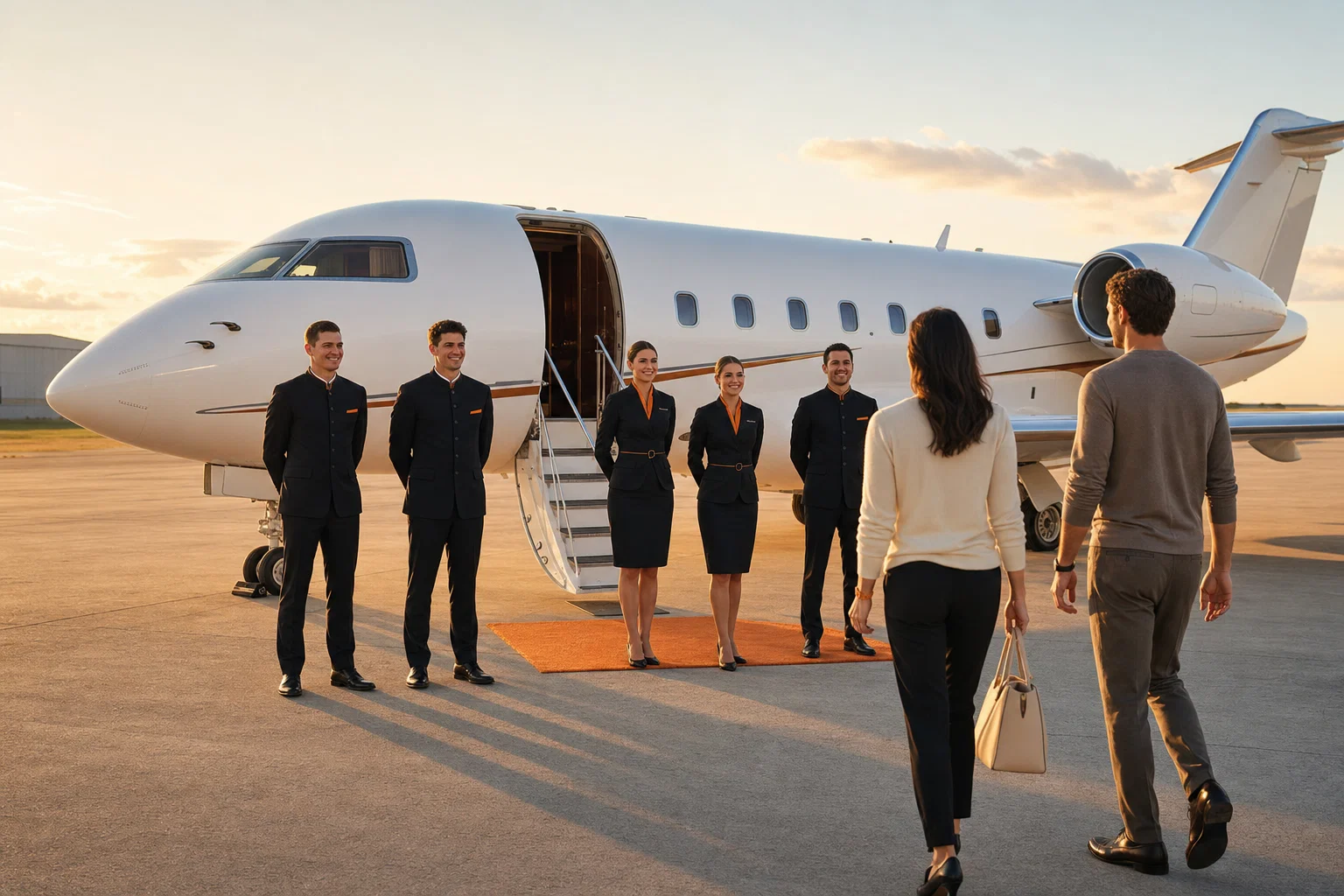 Crew members welcoming guests aboard private jet